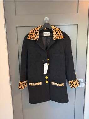 Vintage Adolfo Black Wool Pea Coat with Leopard Faux Fur Trim and Gold Buttons